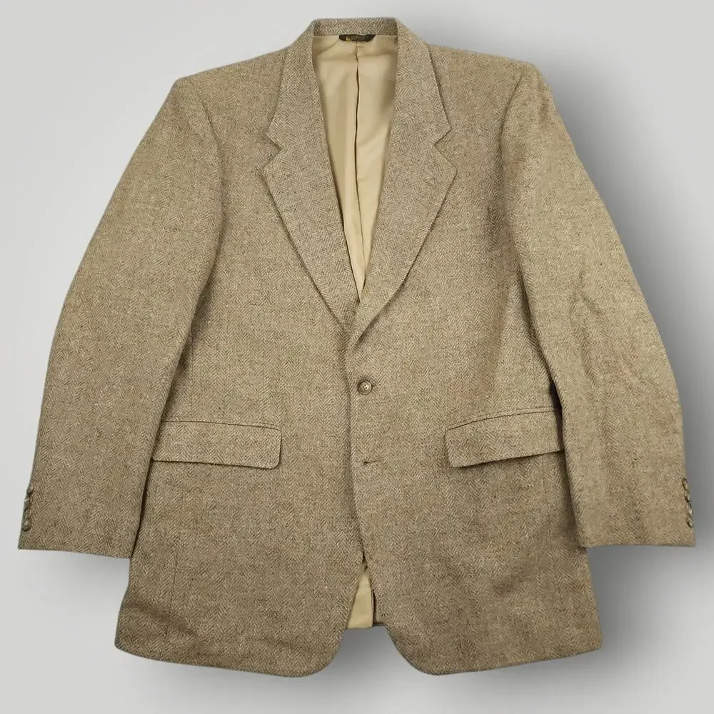 Vtg Ivy Style Tweed Wool Sack Jacket Mens 42L Herringbone Wide Lapel 90s Y2K Tan